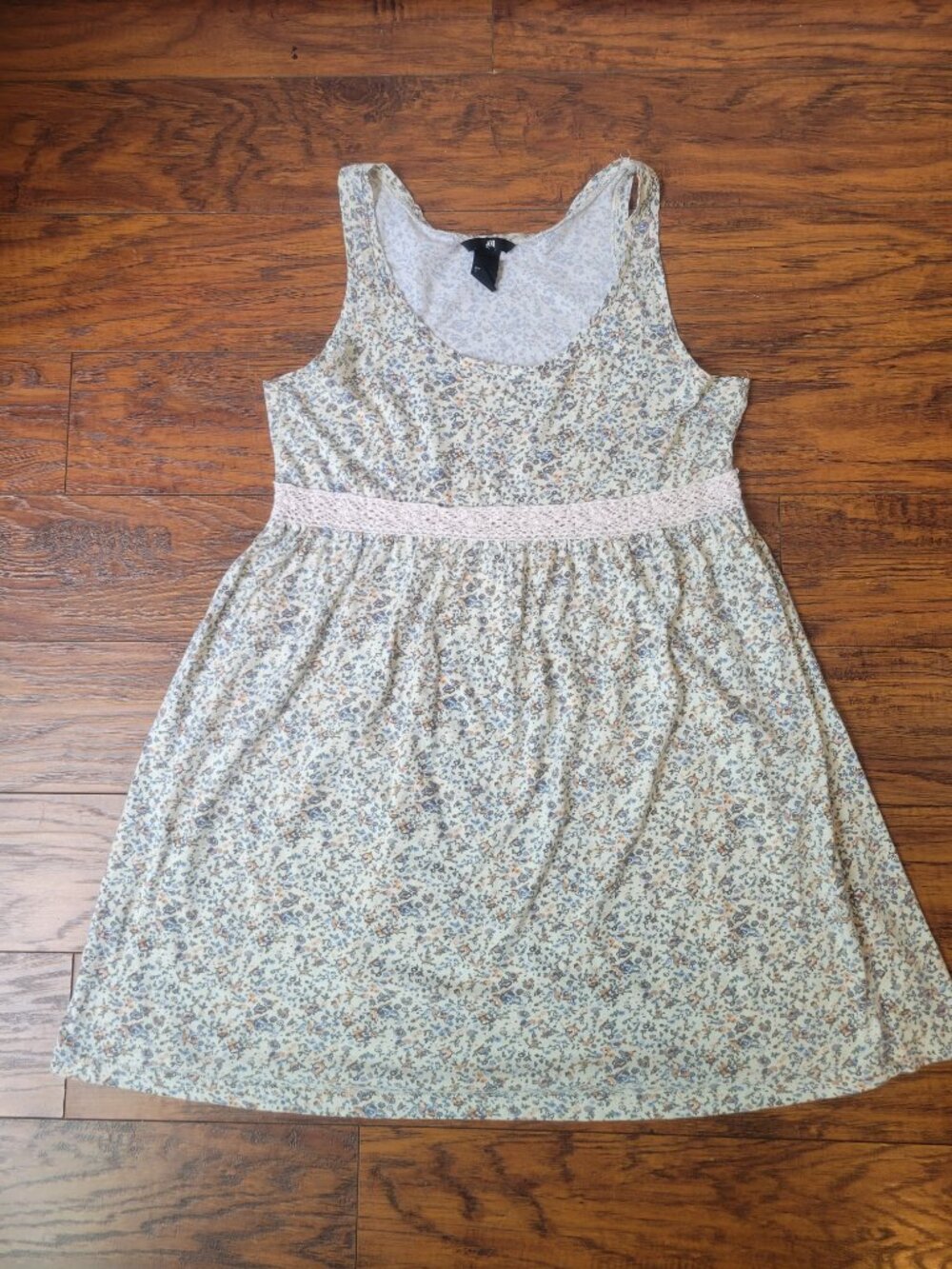 H&M Cream Pink Floral Sleeveless Crochet Lace Waist Babydoll Mini Dress sz S EUC - Picture 4 of 7